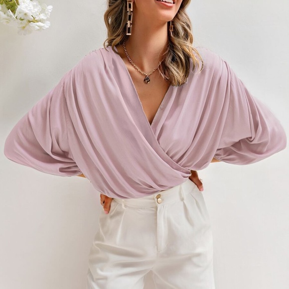 Dusty blue Satin silky lantern sleeve surplice Top - Picture 5 of 7